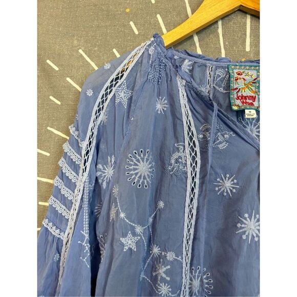 Johnny Was Celestin Tie Closure 3/4 Sleeve Embroidered Blouse - Picture 6 of 8